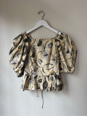 Ulla Johnson Butter Yellow Floral Puff-Sleeve Lace Up Peplum Top